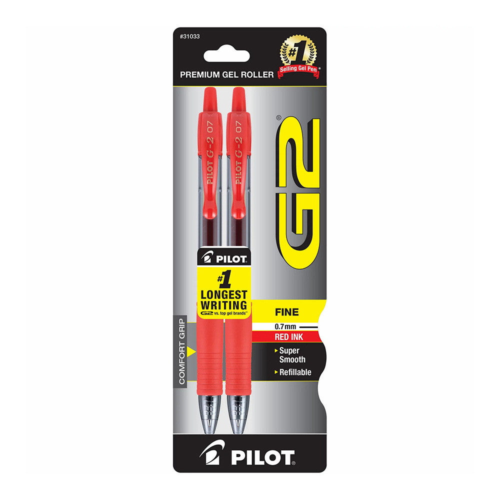 Pilot G2 Premium Gel Roller Pens, Fine Point 0.7 mm, Red Ink, 2 Ea